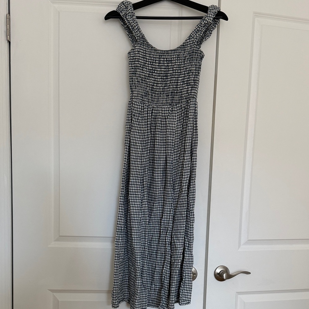 Reformation Tavi Linen Dress, slate check, size S